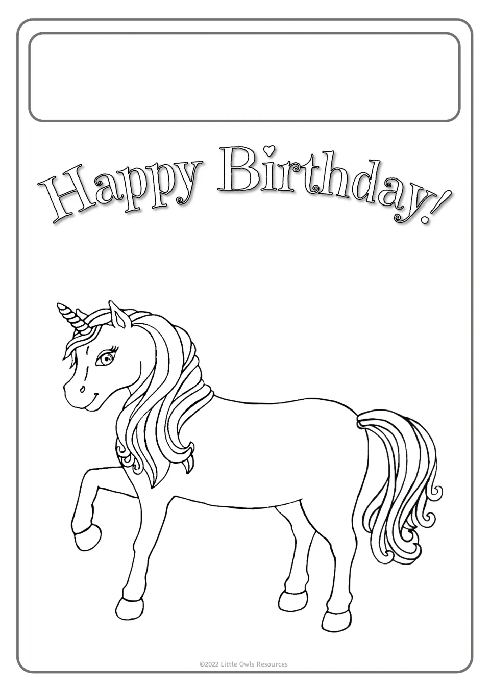 Birthday poster template featuring a unicorn, 'Happy Birthday!' lettering, and space to add a greeting