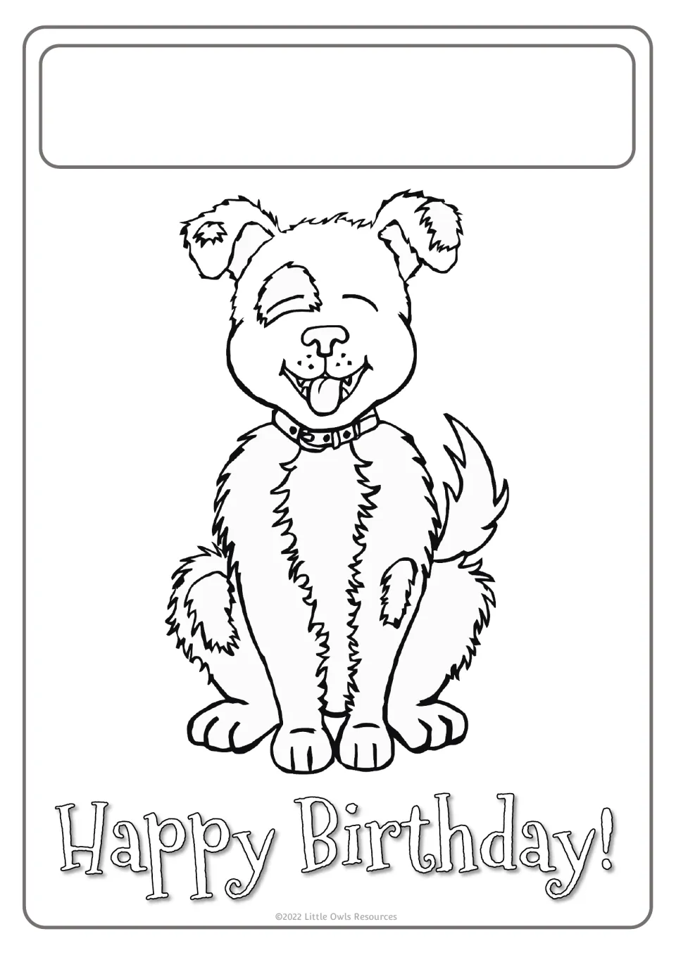 Birthday poster template featuring a smiling dog, 'Happy Birthday!' lettering, and room for a greeting