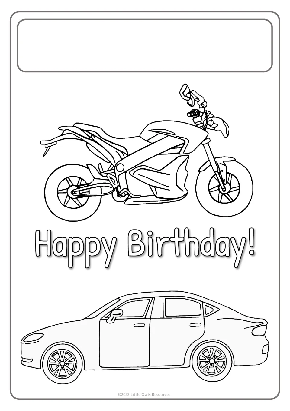 Birthday poster template featuring a motorcycle and car with 'Happy Birthday!' lettering to color