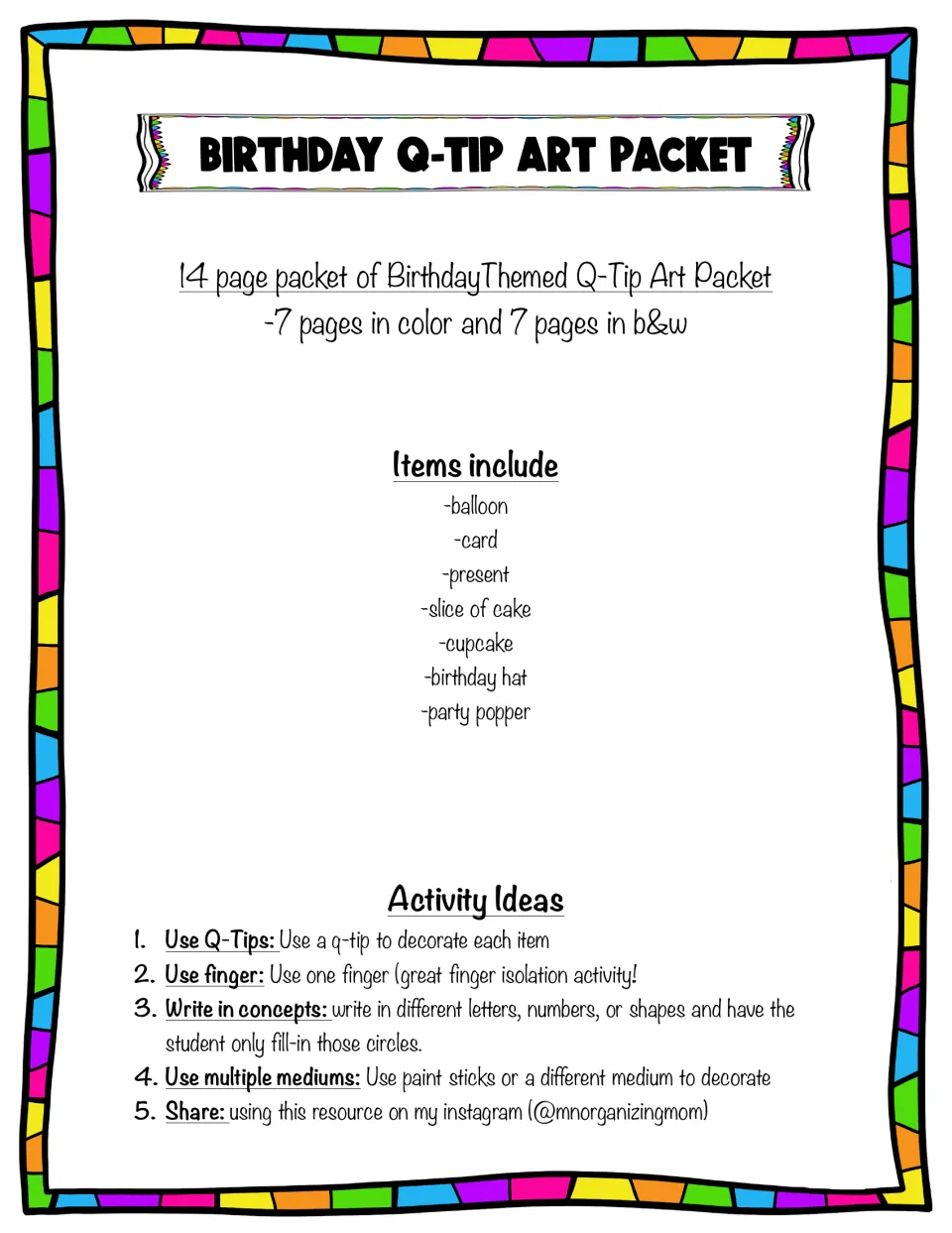 Birthday Q-Tip Art Packet cover listing seven items to decorate, from balloon to party popper, plus five activity ideas