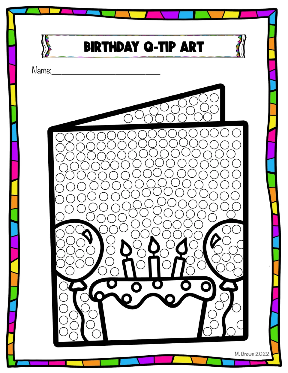 Birthday card in color with a cake, candles and two balloons; students dab q-tips on the circles to decorate it