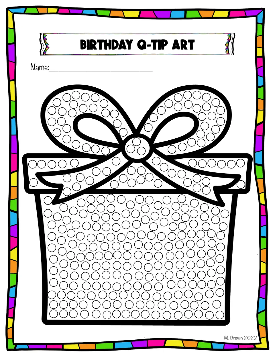 Birthday present with a big bow in color: students use a q-tip or finger to dot every circle on the gift and ribbon