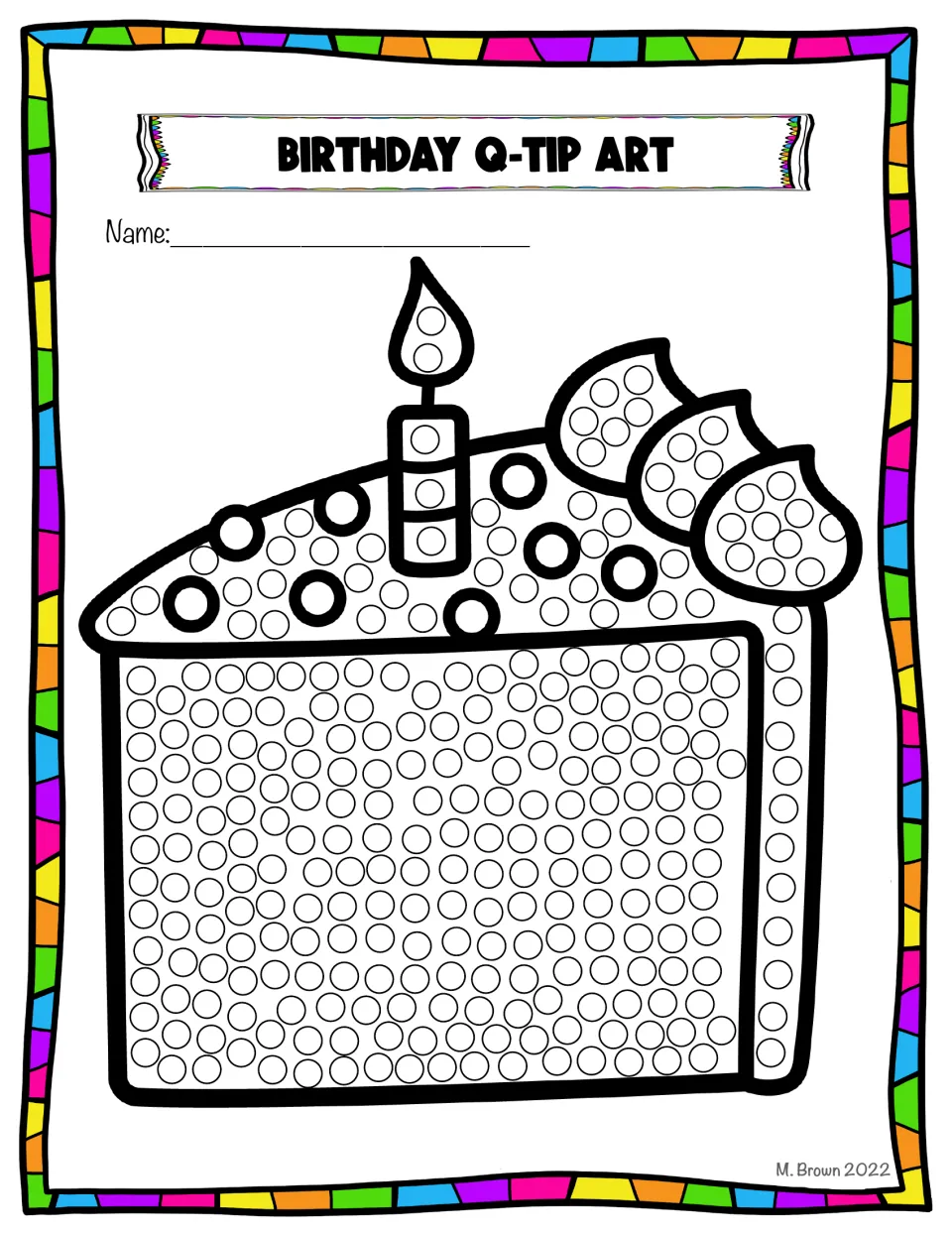Slice of birthday cake with a candle and frosting swirls in color; students dab circles with a q-tip or finger