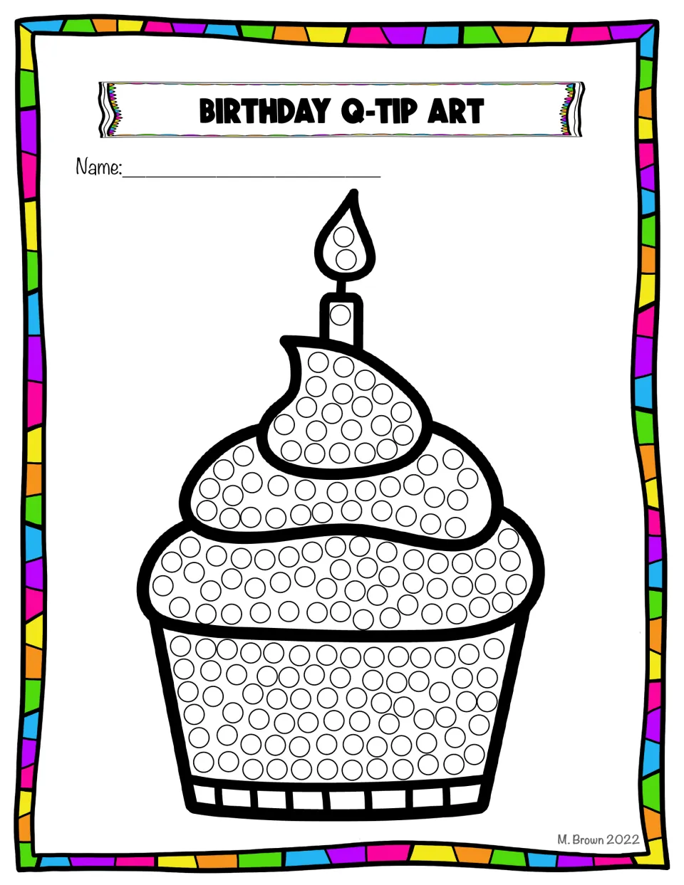 Birthday cupcake with a lit candle in color: students dot the circles on the frosting and wrapper with a q-tip