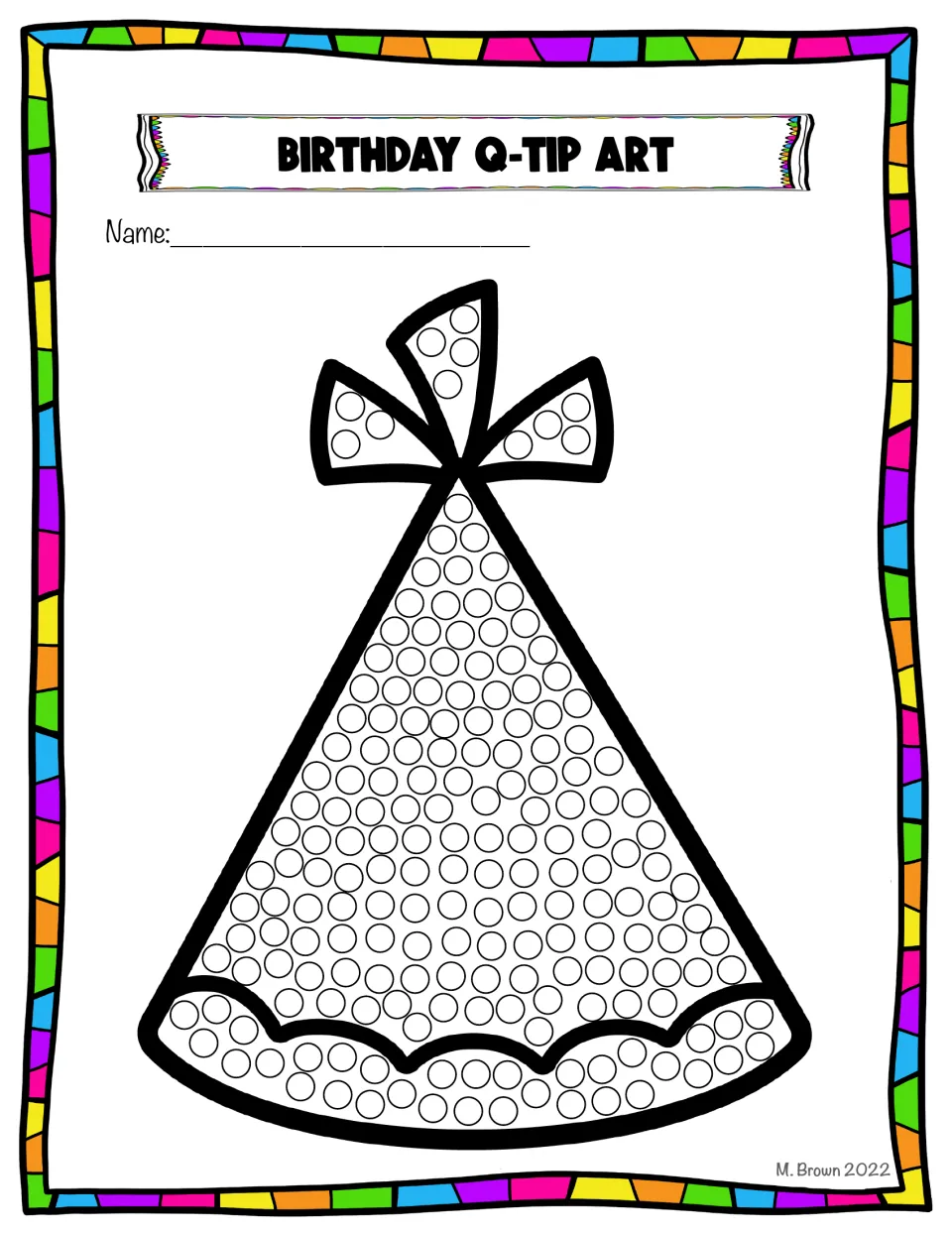 Birthday party hat with a bow on top in color; students press a q-tip or finger onto each circle to decorate it
