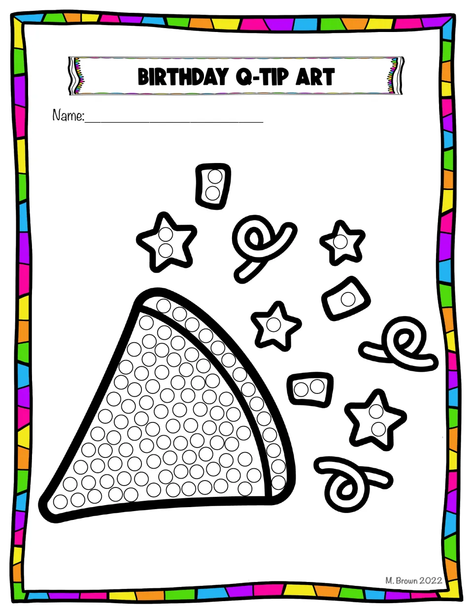 Party popper with stars, streamers and confetti in color; students dab q-tips on circles in the cone and the confetti