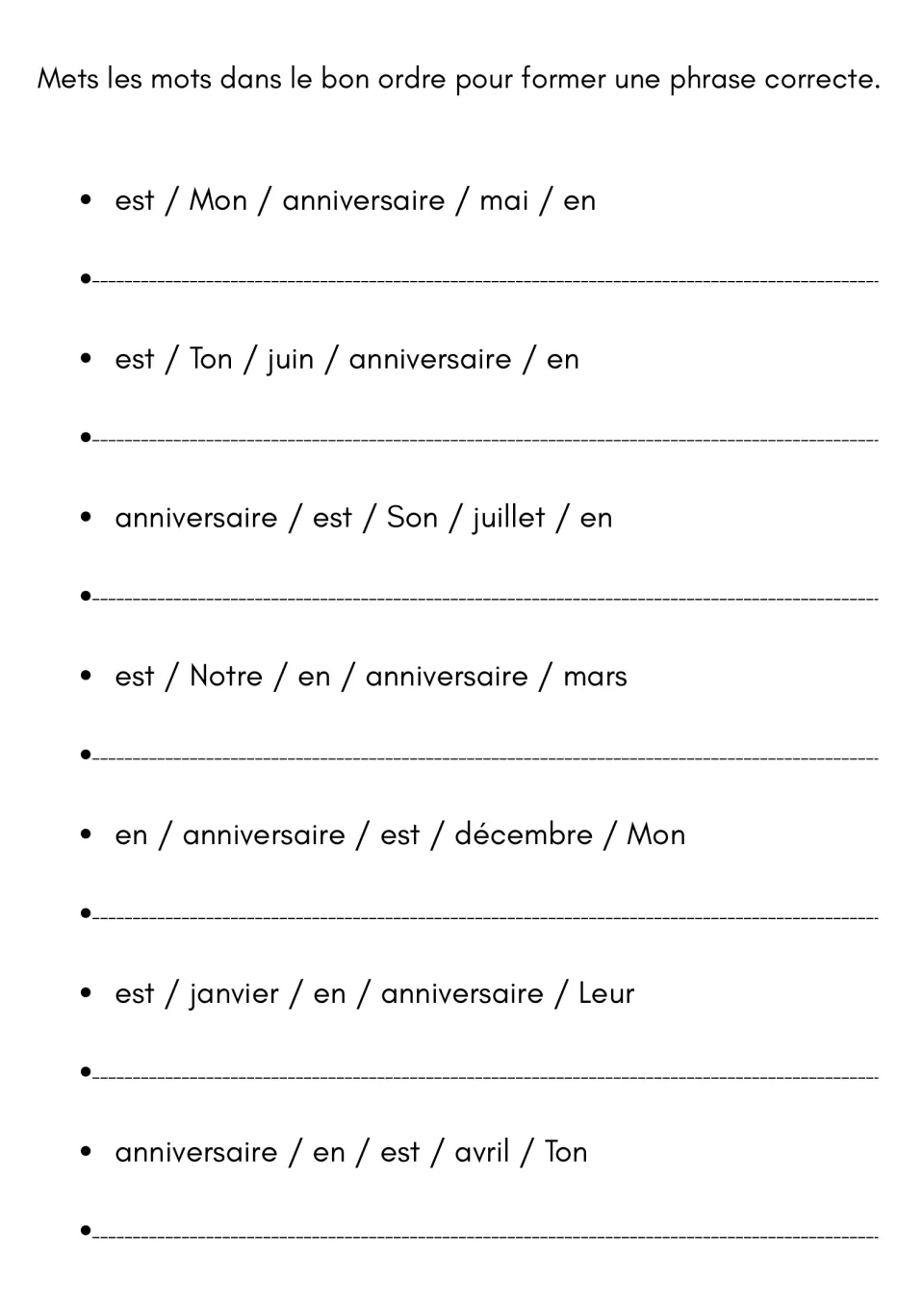 French birthday word-order exercise: arrange seven sentences using months, including mai (May) and juin (June).