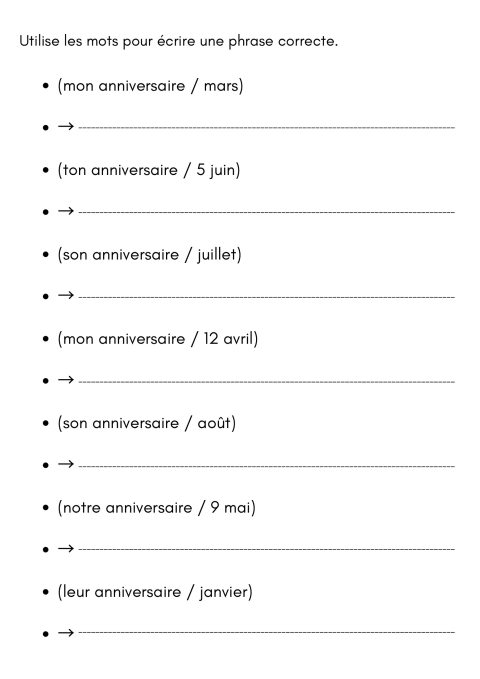 French birthday sentence-writing exercise: use seven prompts, including mon anniversaire (my birthday) / mars.