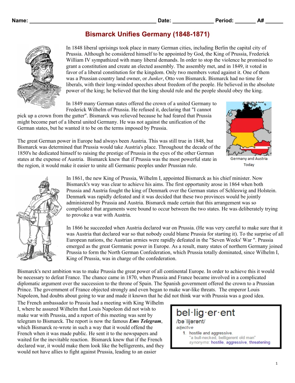 Bismarck Unifies Germany (1848-1871): students read about Prussia's wars with Denmark, Austria and France, with a map