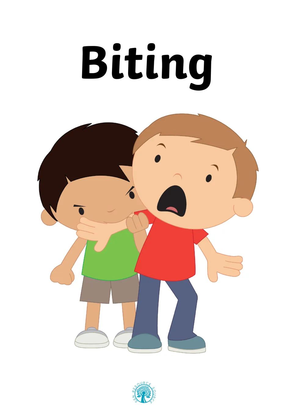 Biting social story cover: title Biting above a cartoon boy biting the shoulder of a shocked boy in a red shirt