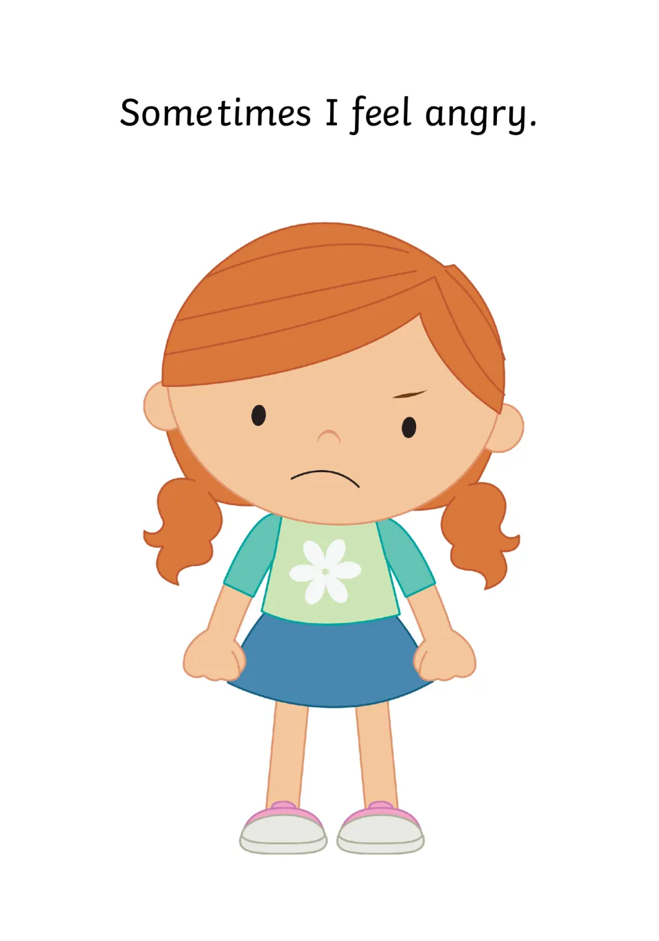 Naming anger: a girl with red pigtails and clenched fists frowns beside the line Sometimes I feel angry