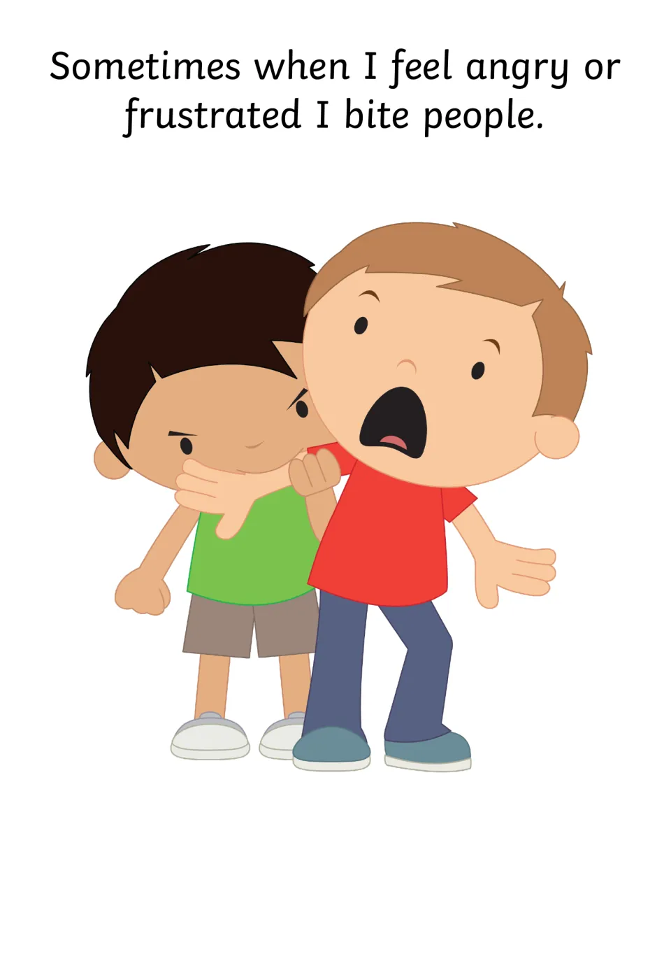 Linking feelings to behaviour: the text Sometimes when I feel angry or frustrated I bite people, as one boy bites another