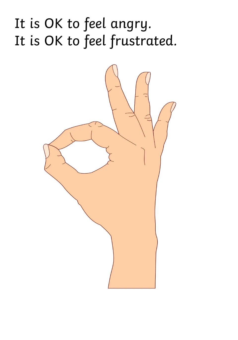 Accepting feelings: an OK hand sign illustrates It is OK to feel angry and It is OK to feel frustrated