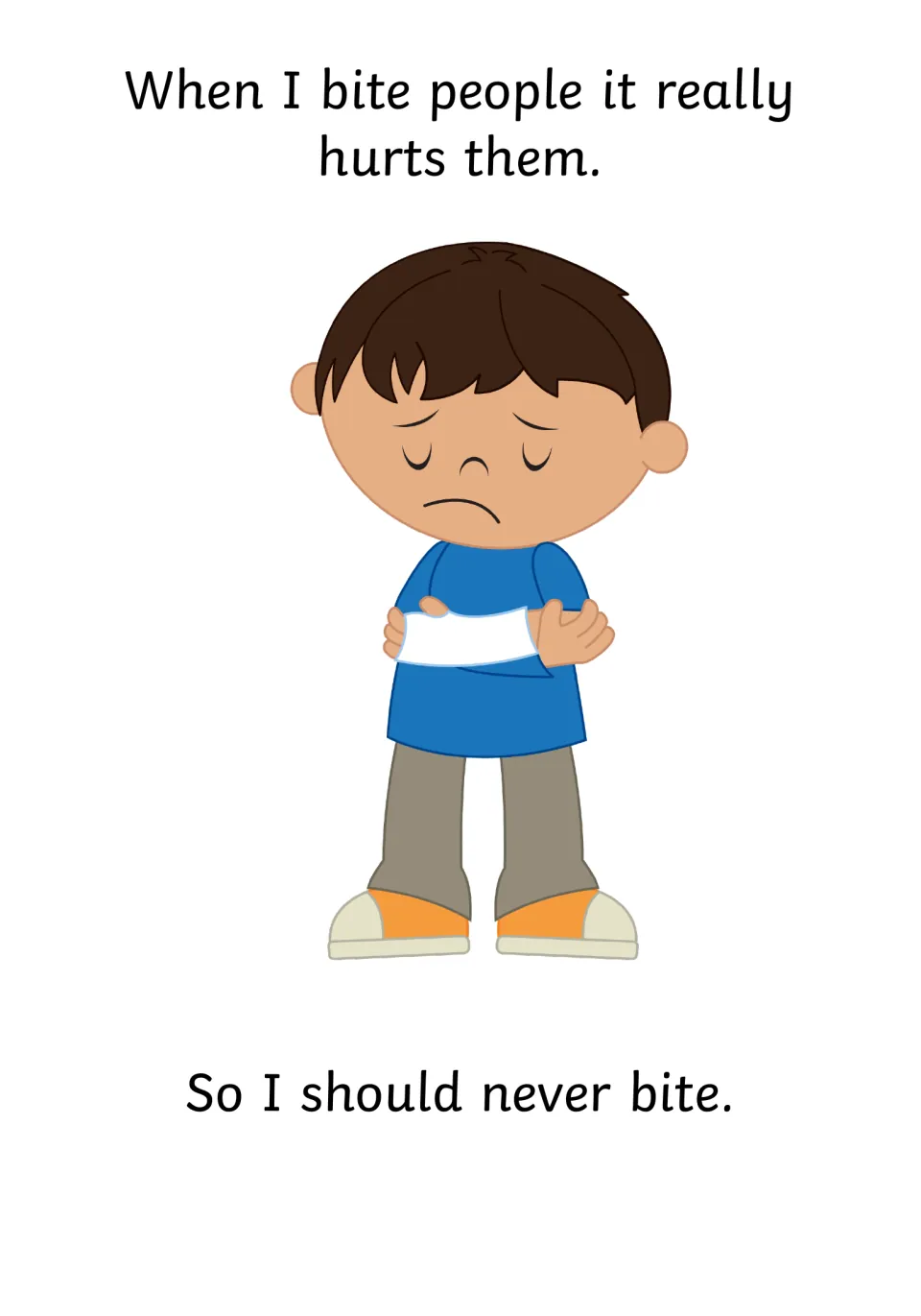 Consequence of hurting: a sad boy hugs a bandaged arm; text says biting really hurts people, so I should never bite