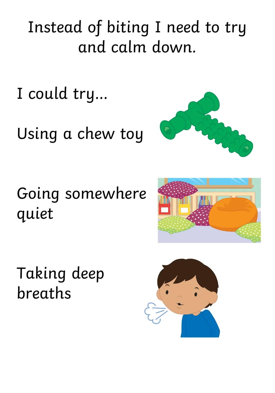 Calm-down choices: instead of biting, try a chew toy, going somewhere quiet or taking deep breaths, each pictured
