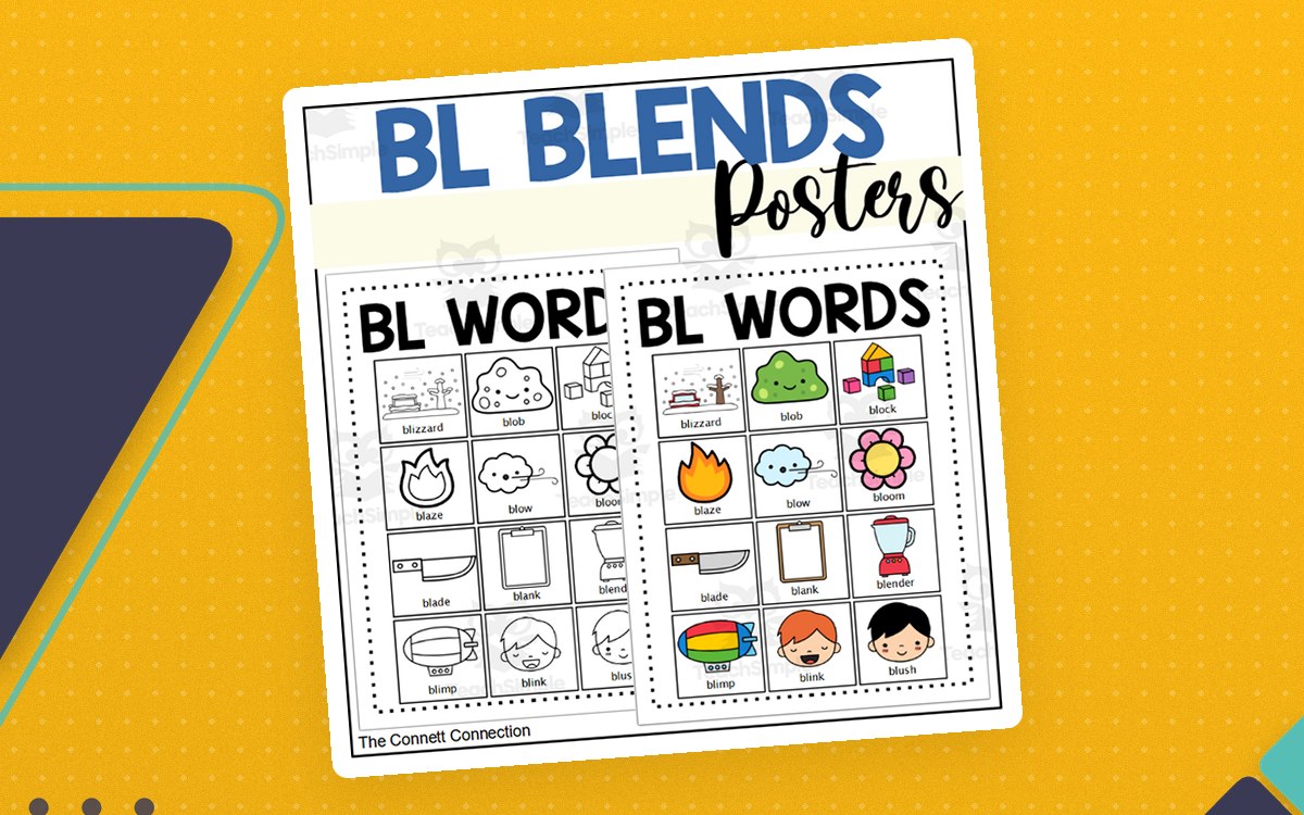 BL Beginning Blends Posters preview: Color BL Words poster with 12 blend words in a grid layout