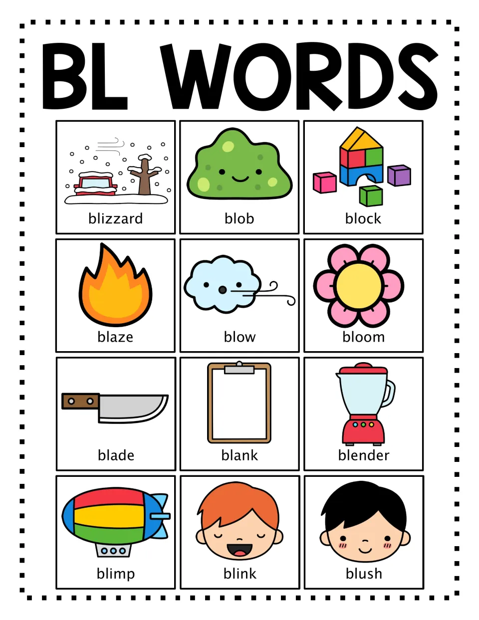 BL blend word poster in color: students read 12 picture-labeled words like blizzard, blob, blaze, bloom, blimp and blush