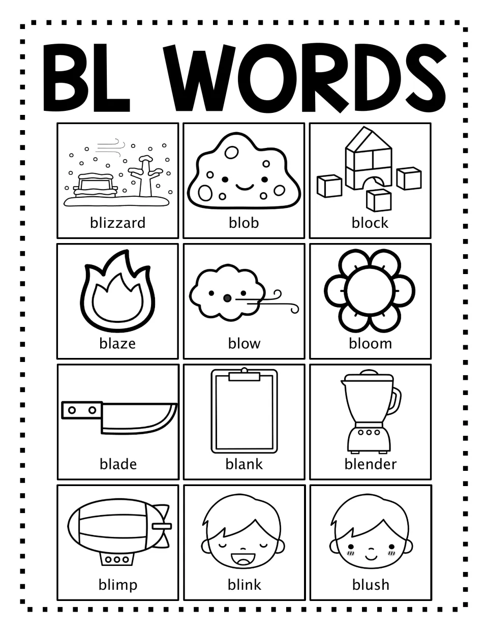Black-and-white BL words poster with 12 bl blend pictures, including block, blow, blade, blank and blink, to read or color