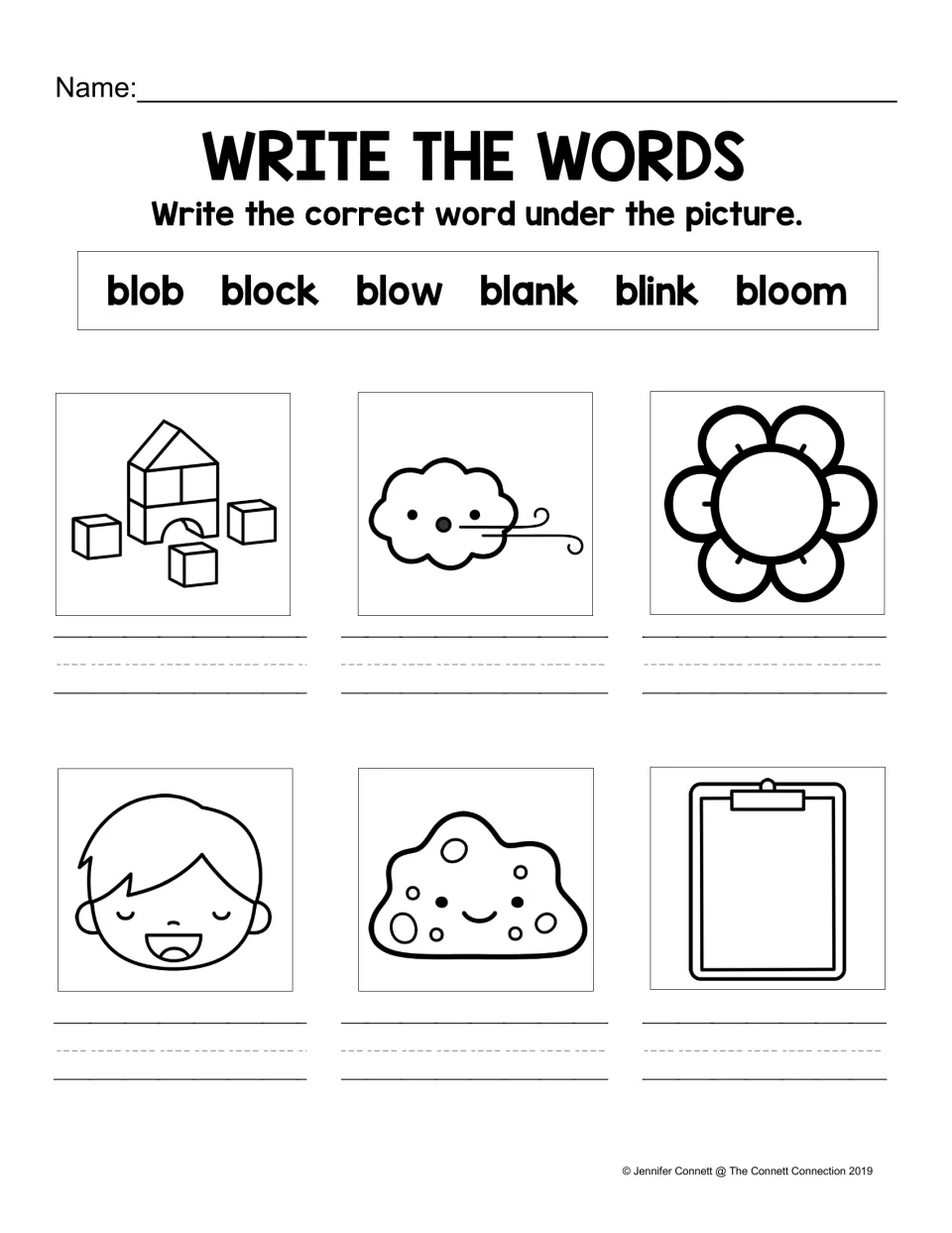 BL picture-labeling practice using the word bank: blob, block, blow, blank, blink, and bloom.
