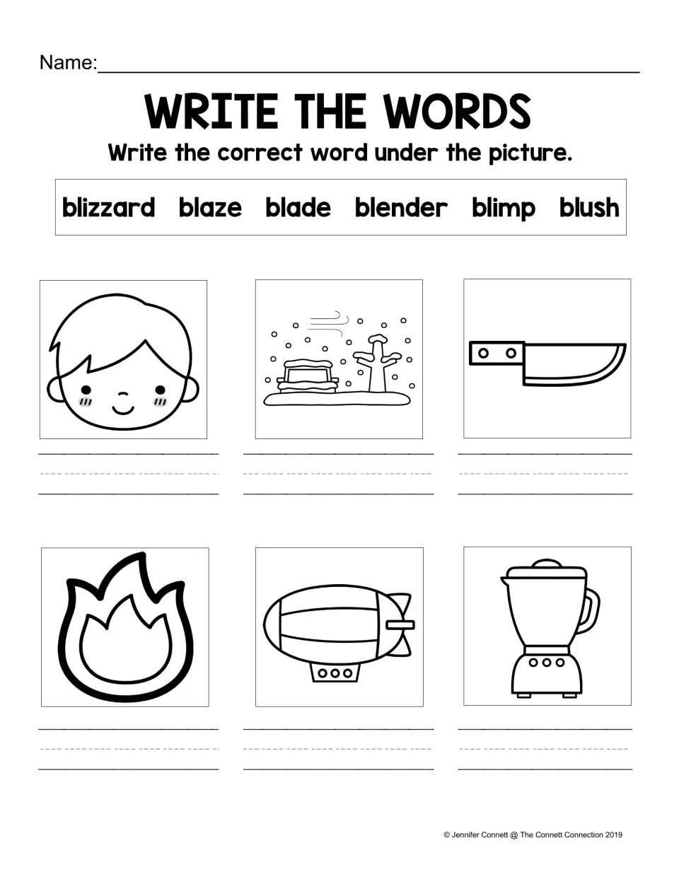 BL picture-labeling practice using the word bank: blizzard, blaze, blade, blender, blimp, and blush.