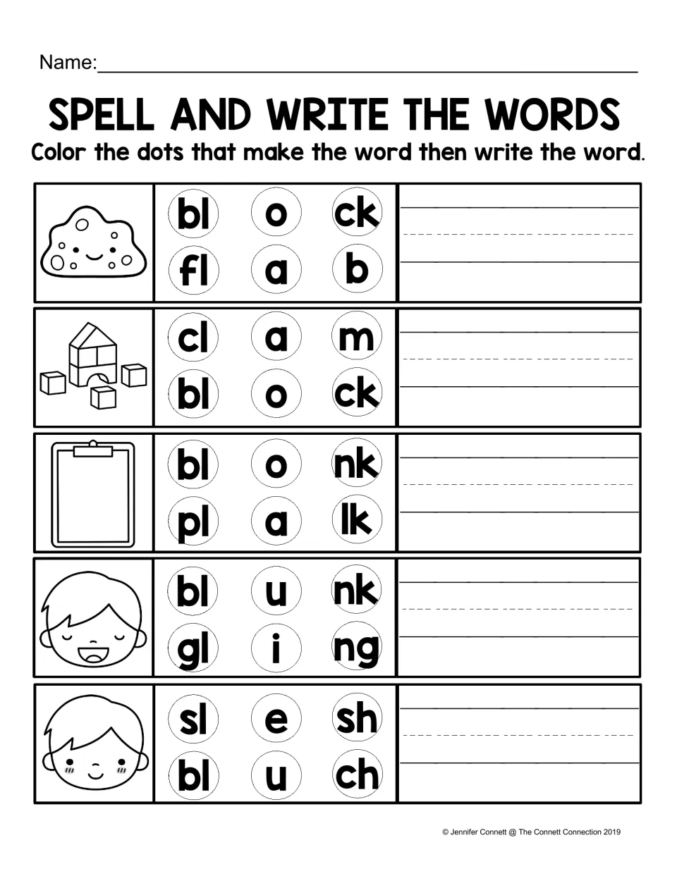 BL spelling practice: color letter-choice dots to spell blob, block, blank, blink, and blush, then write.