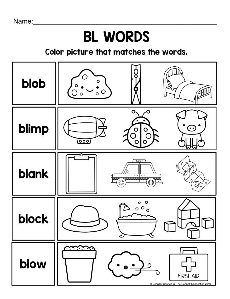 BL picture-matching practice: read blob, blimp, blank, block, and blow, then color each matching picture.