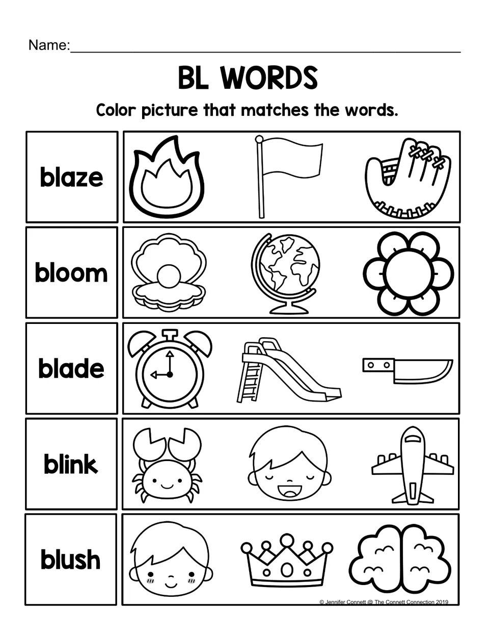 BL picture-matching practice: read blaze, bloom, blade, blink, and blush, then color matching pictures.
