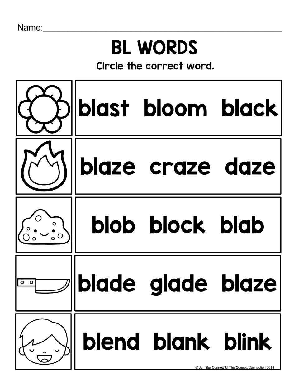 BL word-matching practice: circle the word for pictures of a bloom, blaze, blob, blade, and blinking child.