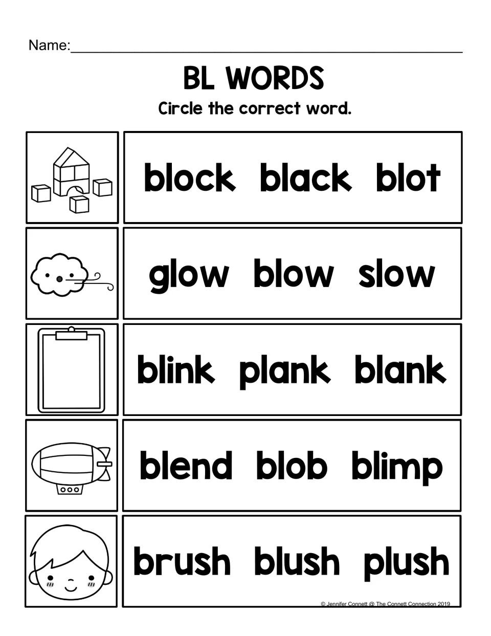 BL word-matching practice: circle block, blow, blank, blimp, or blush to match each of five pictures.