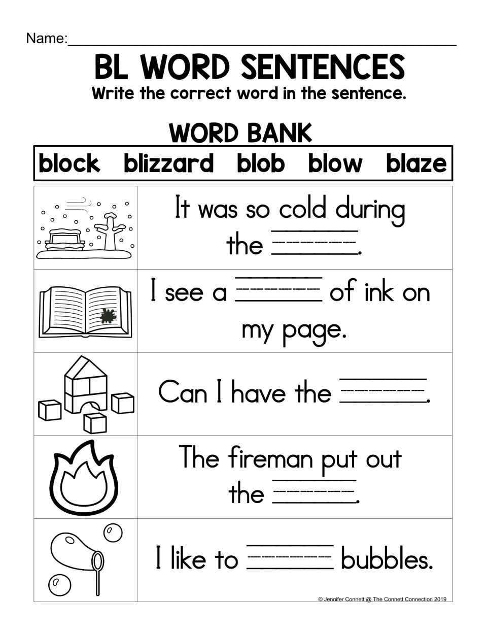 BL sentence-completion practice with picture clues and the word bank block, blizzard, blob, blow, blaze.