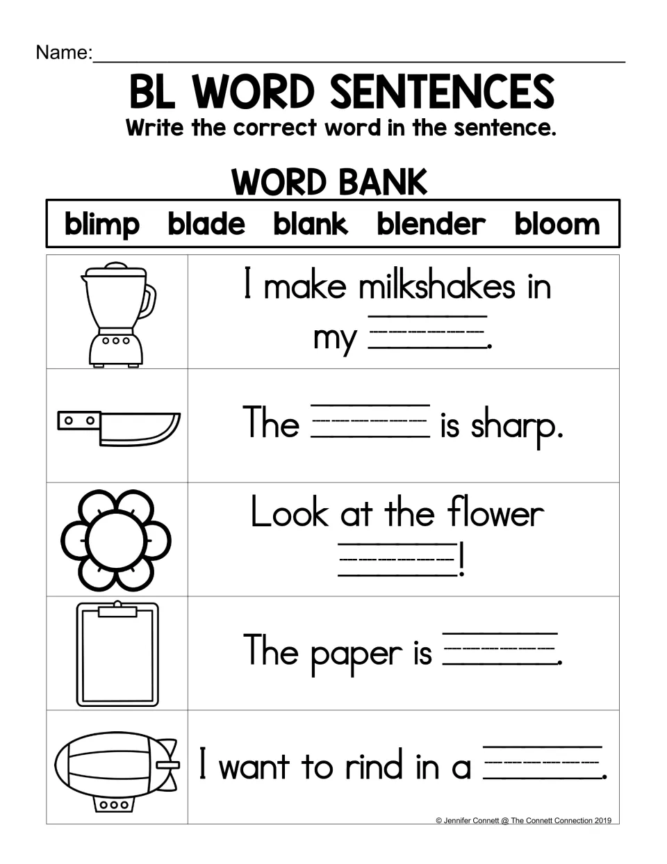 BL sentence-completion practice with pictures and the word bank blimp, blade, blank, blender, bloom.