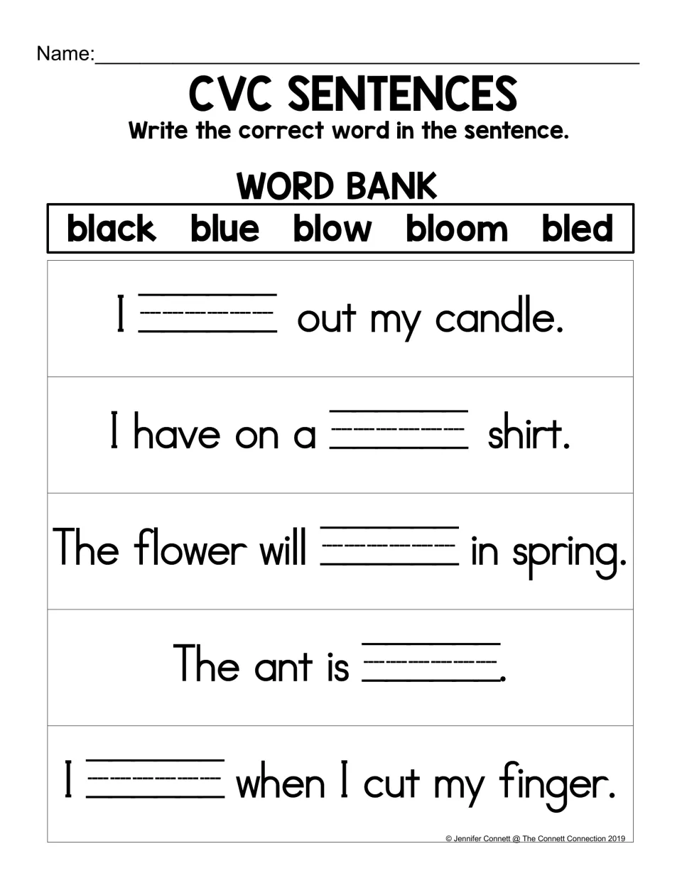 BL sentence-completion practice using black, blue, blow, bloom, and bled for five sentences without pictures.