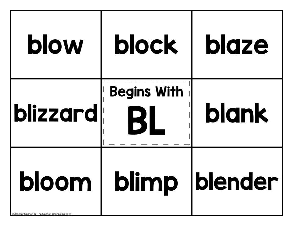 BL blends word mat: Begins With BL center surrounded by blow, block, blaze, blizzard, blank, bloom, blimp and blender