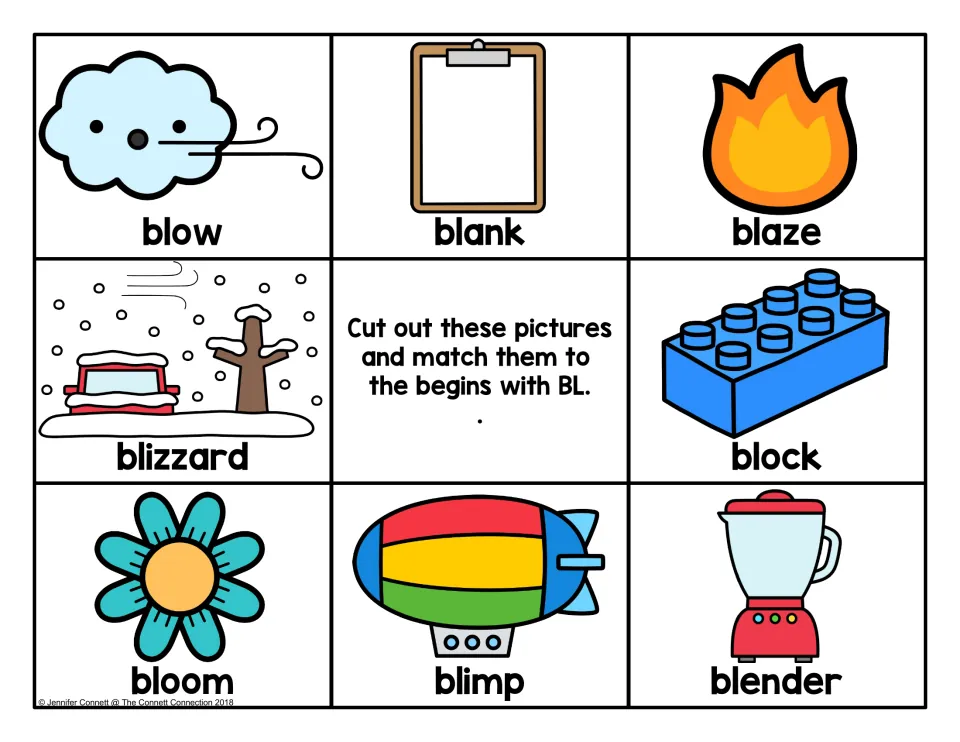 Color BL picture cards labeled blow, blank, blaze, blizzard, block, bloom, blimp and blender to cut and match to the mat