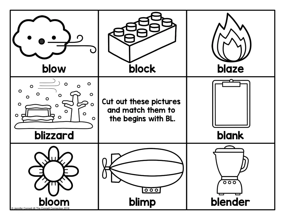 Black-and-white labeled BL cards to cut out and match: blow, block, blaze, blizzard, blank, bloom, blimp and blender
