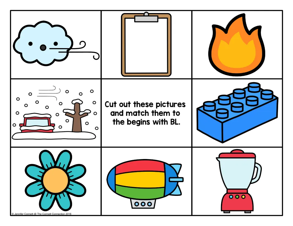 Unlabeled color BL picture cards: students cut out each image, such as a flame or blimp, and match it to its BL word