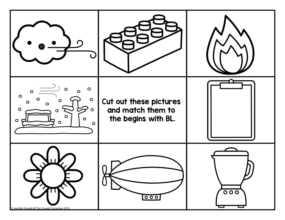 Unlabeled black-and-white BL picture cards to cut and match: blowing cloud, fire, snowstorm, clipboard, flower, blender