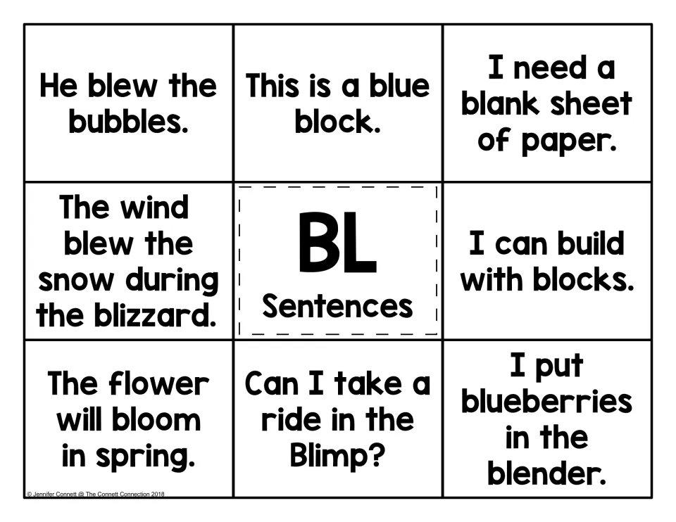 BL Sentences mat: eight sentences such as He blew the bubbles and The flower will bloom in spring for picture matching