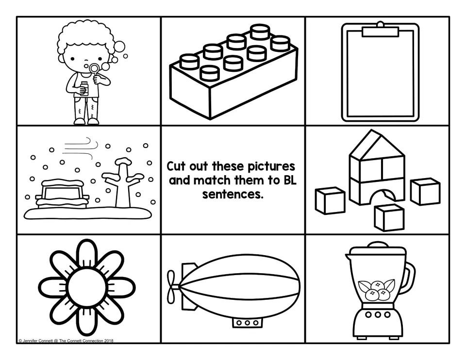 Outline picture cards to cut and match to BL sentences: boy blowing bubbles, building blocks, blueberries in blender