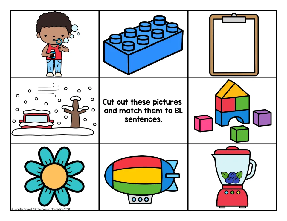 Color sentence-matching cards: boy blowing bubbles, blue brick, clipboard, snowstorm, block tower, flower, blimp, blender