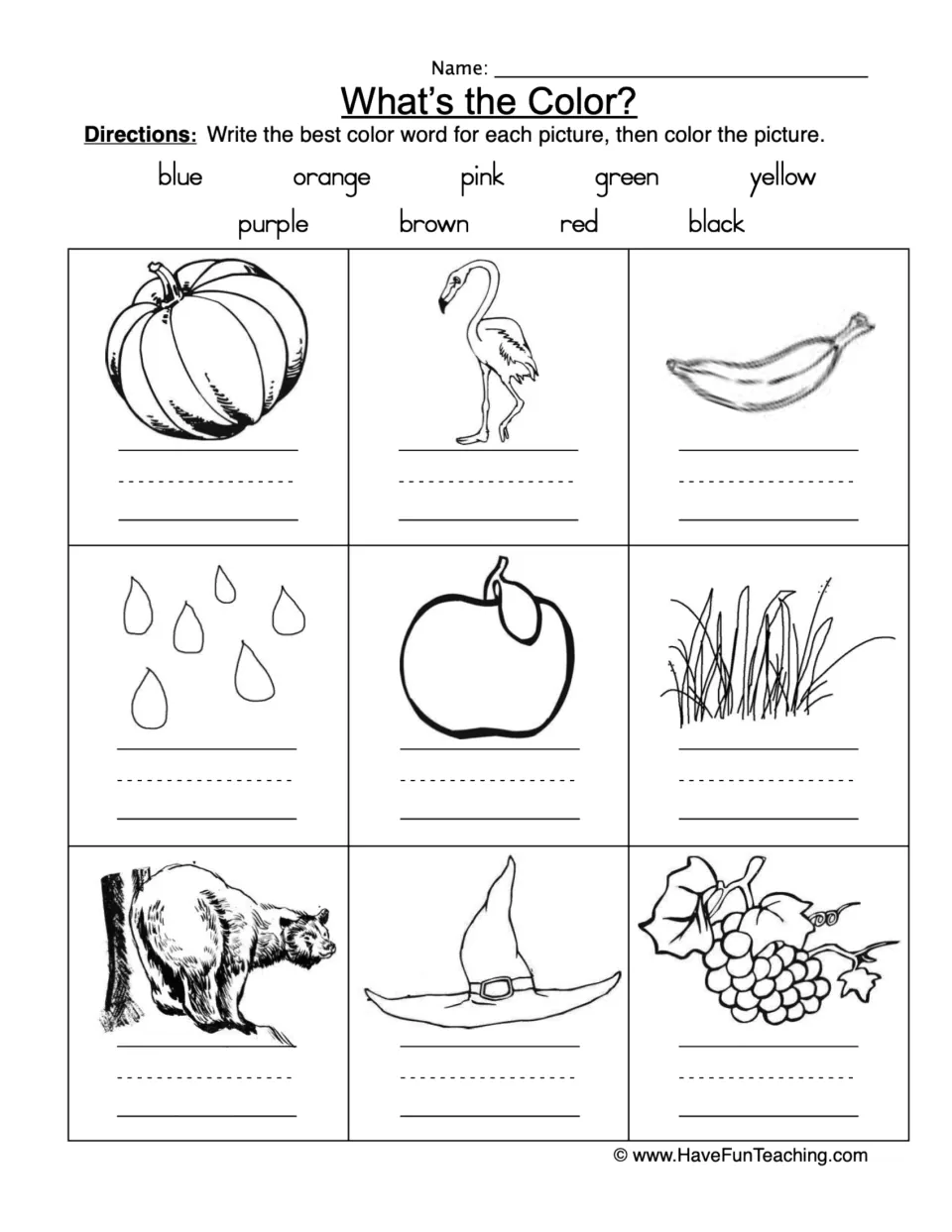 What's the Color? color words: students write a color word under 9 drawings, like a pumpkin and grapes, then color them