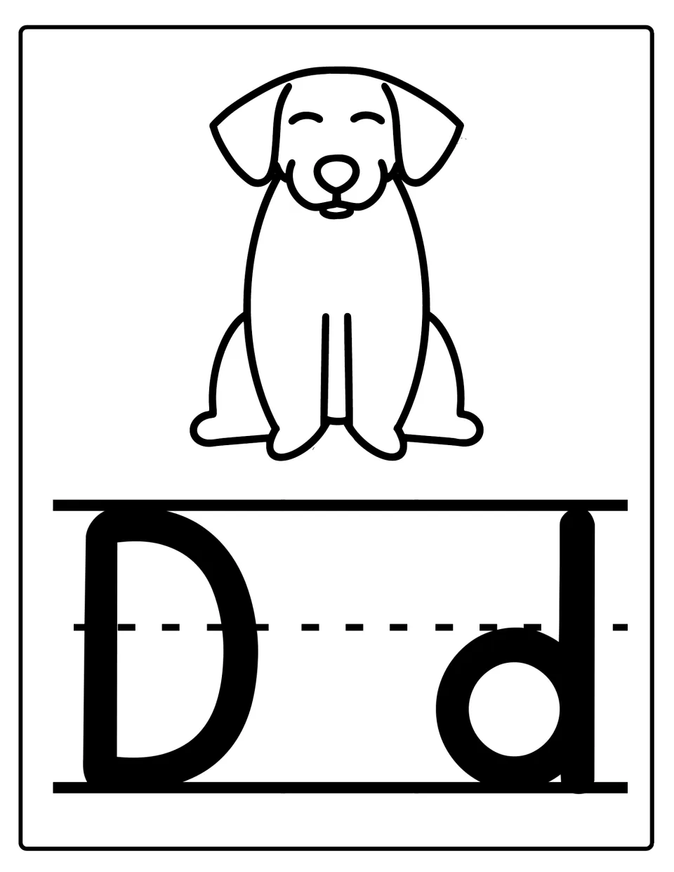 Alphabet poster for classroom display featuring uppercase D and lowercase d with a dog illustration.