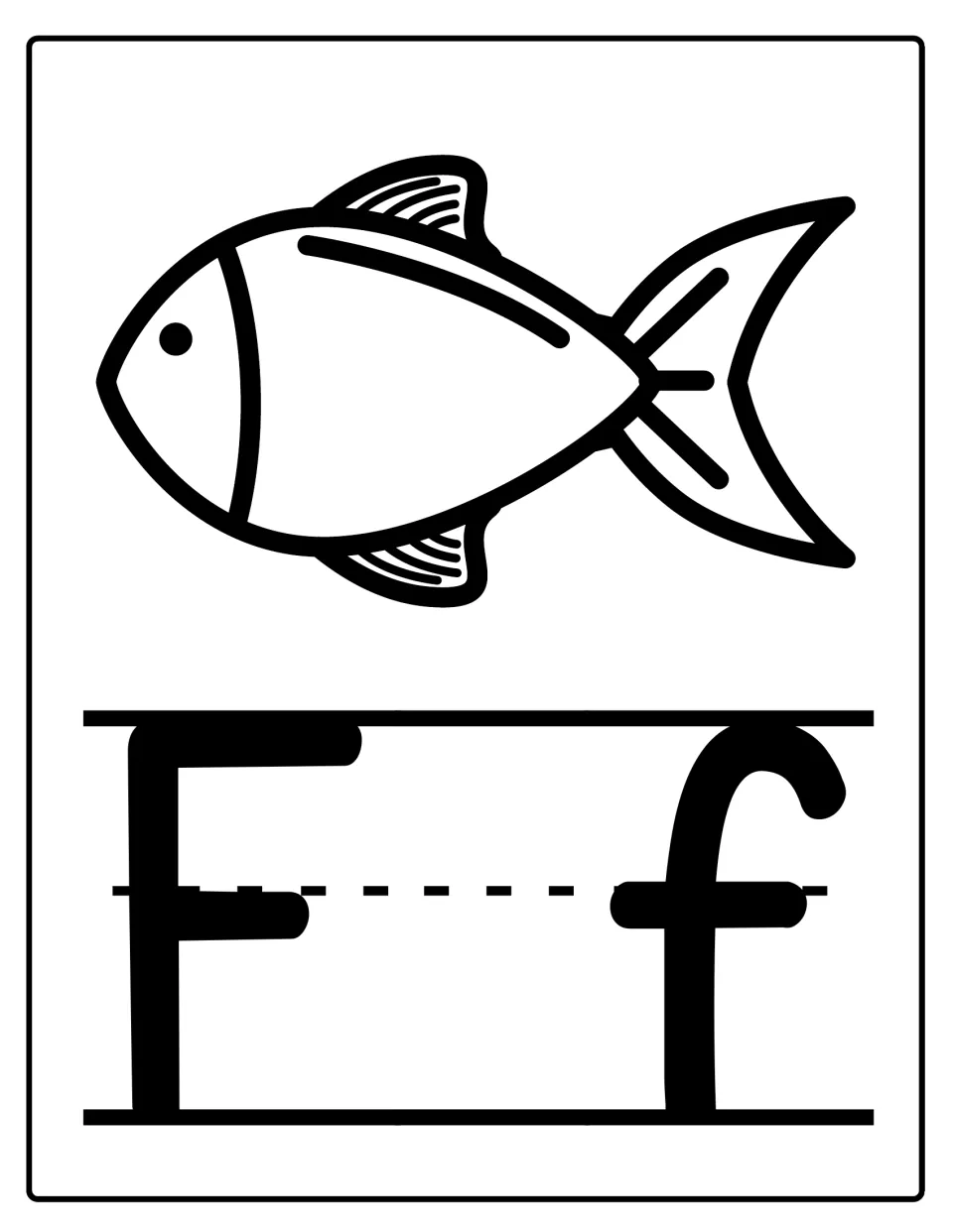 Alphabet poster for classroom display featuring uppercase F and lowercase f with a fish illustration.