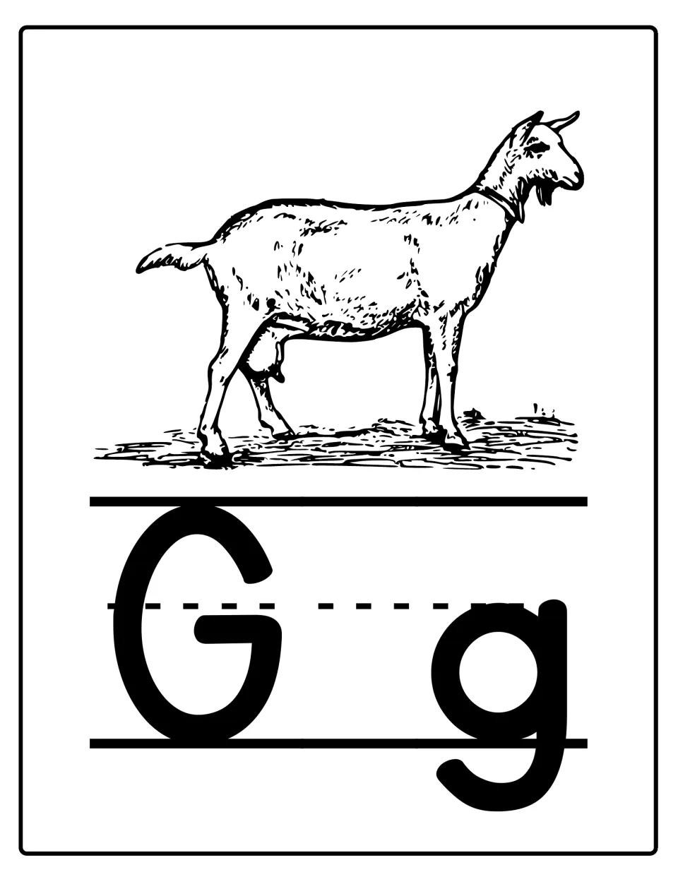Alphabet poster for classroom display featuring uppercase G and lowercase g with a goat illustration.