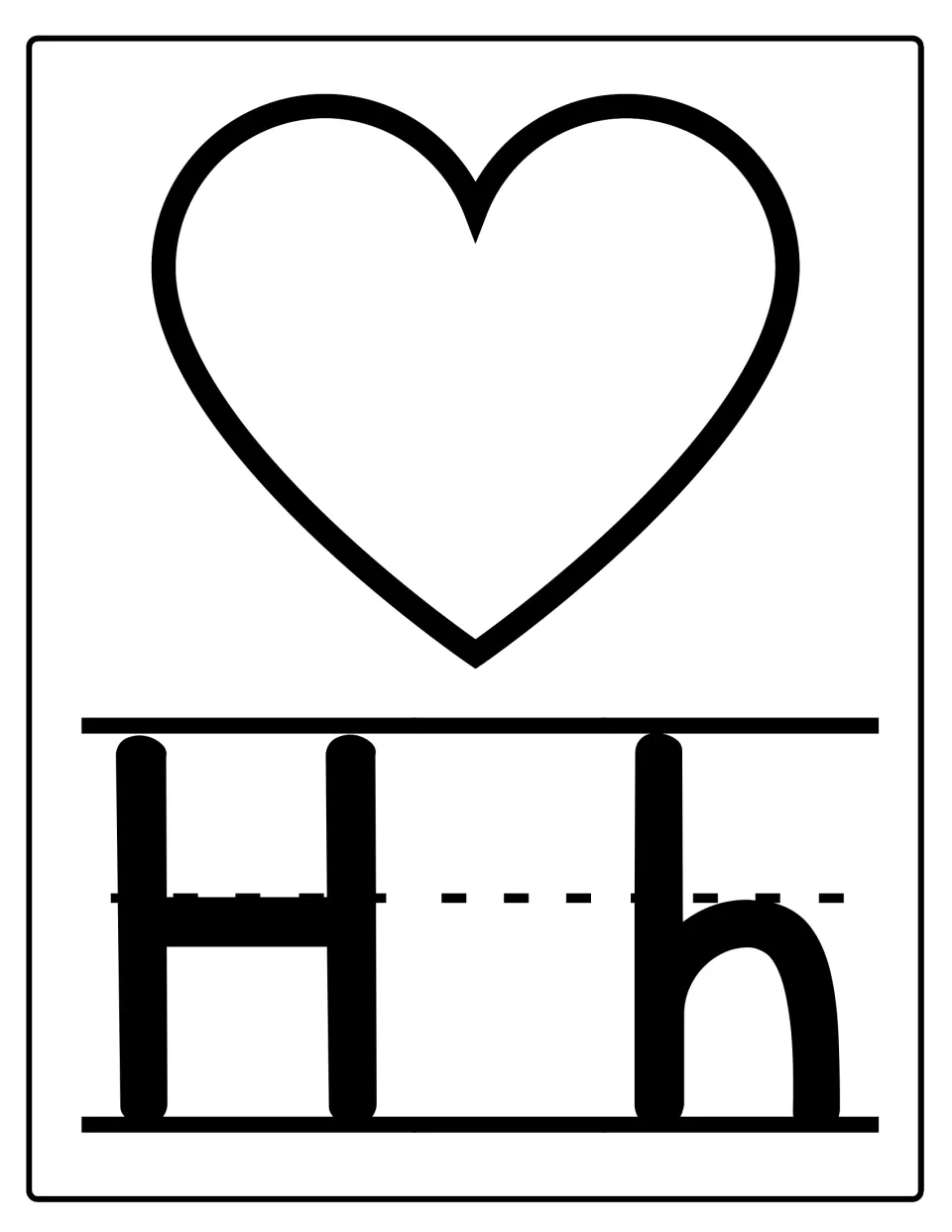 Alphabet poster for classroom display featuring uppercase H and lowercase h with a heart illustration.