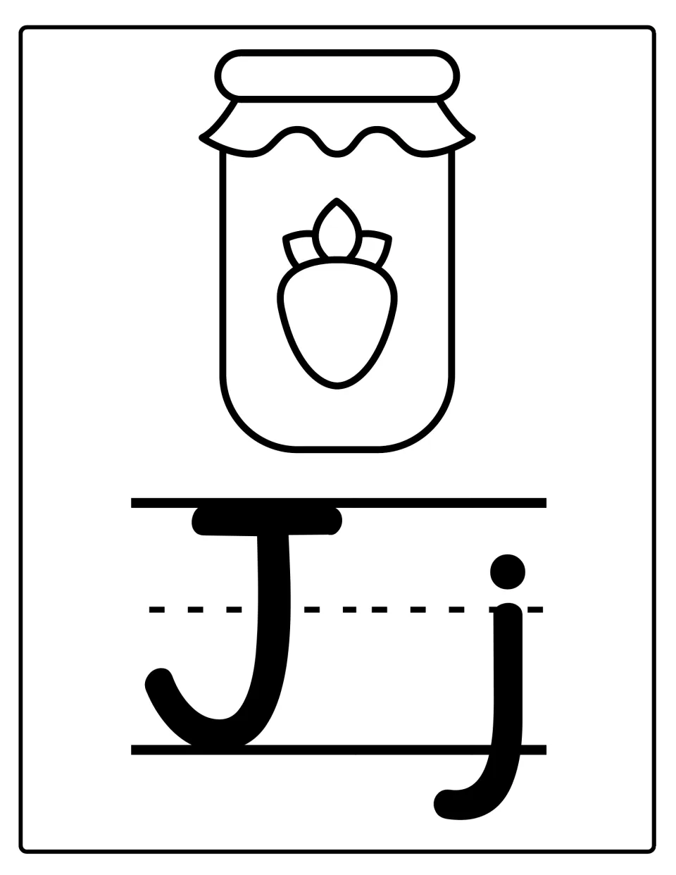 Alphabet poster for classroom display featuring uppercase J and lowercase j with a jar of strawberry jam.
