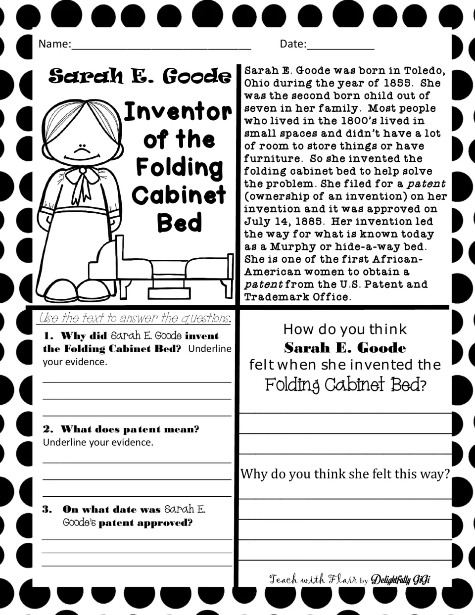 Sarah E. Goode, inventor of the folding cabinet bed: students read a short biography and answer text-evidence questions