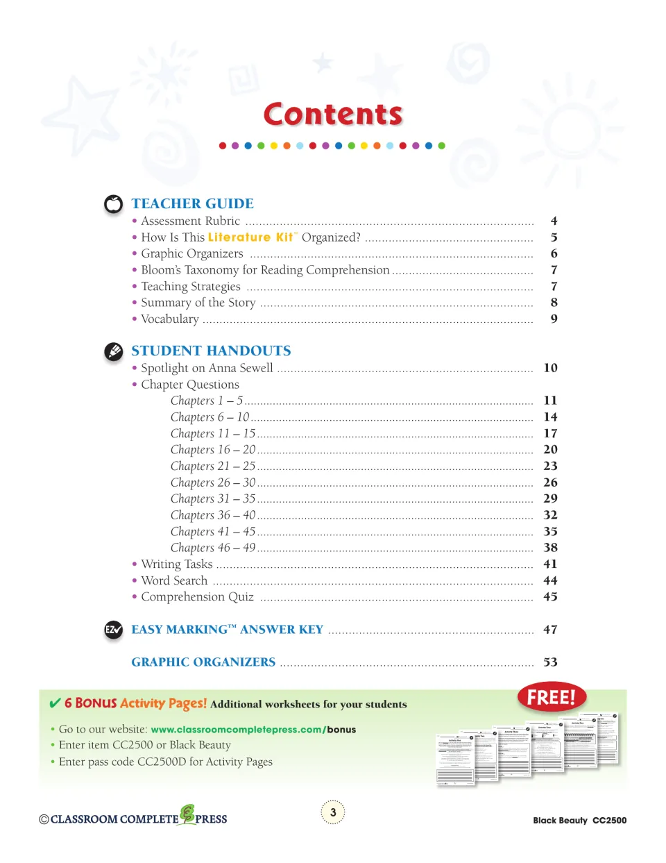 Contents: teacher guide, Anna Sewell spotlight, questions for chapters 1–49, writing tasks, quiz and answer key
