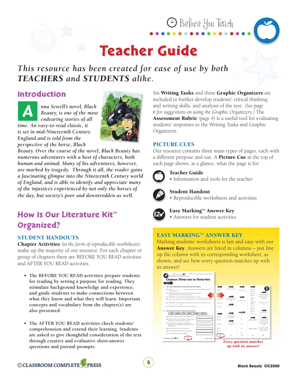 Teacher guide: how the kit's Before You Read and After You Read pages, writing tasks and answer key are organized