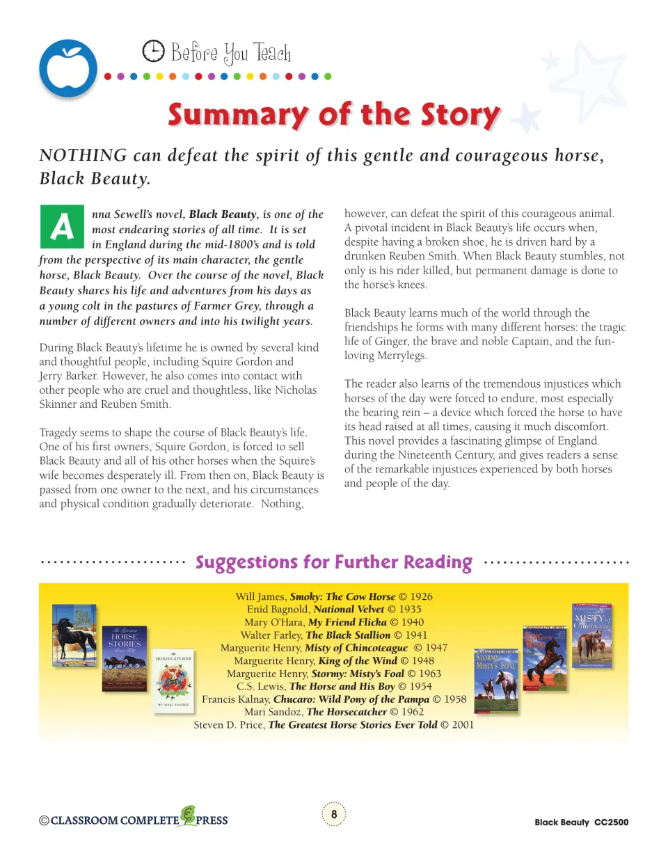 Story summary covering Black Beauty's owners, Ginger and the bearing rein, plus 11 horse books for further reading